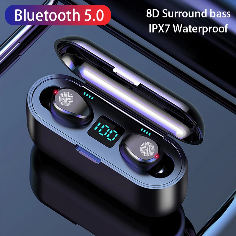 

F9 wireless 5.0 binaural tws battery indicator light display digital display touch bluetooth sports headset