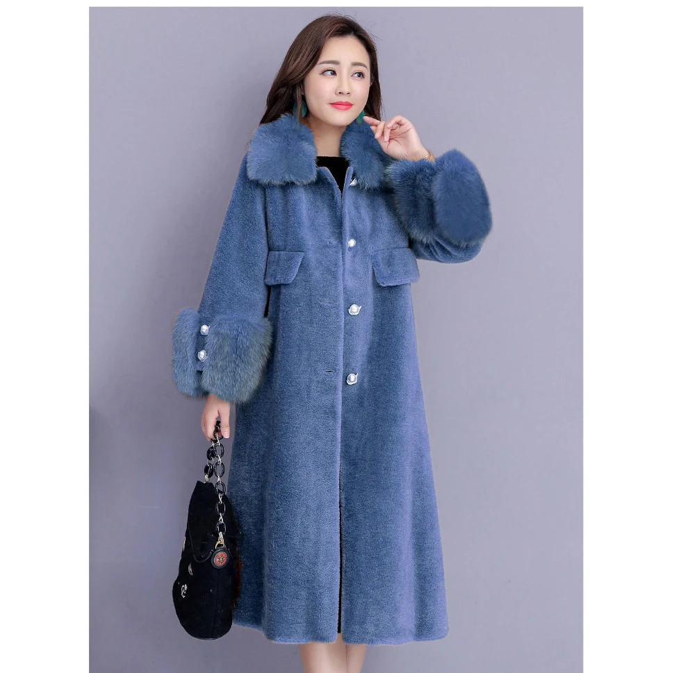 Женское пальто из искусственного меха, M-4XL, большие размеры, топы, куртка, Осень-зима, новинка, длинный рукав, синий, бежевый, модное длинное пальто из искусственного меха, LD1223