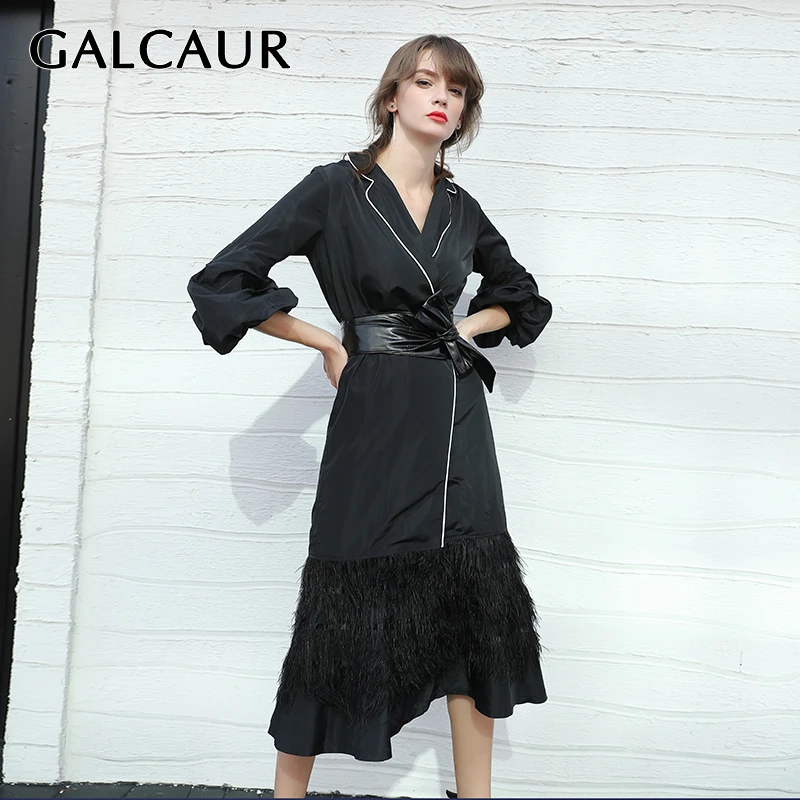 Женская куртка с кисточками GALCAUR Pacthwork отложным воротником и пышными рукавами