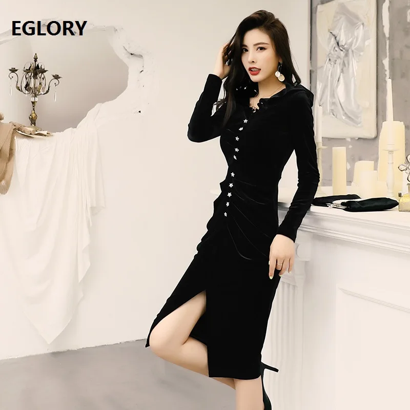 

2019 Autumn Winter Fashion Bodycon Dress High Quality Women V-Neck Beading Buttons Up Long Sleeve Split Sexy Party Midi Dress