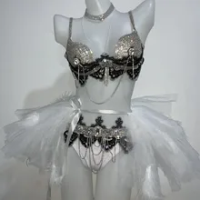 Полный Бюстгальтер со стразами, комплект из 3 предметов, Женская юбка-пачка для танцев на день рождения, вечерние платья, одежда для сцены, комплект одежды для певицы