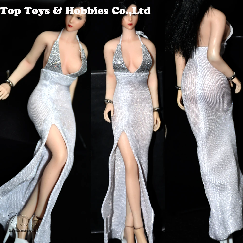 

1/12 Accessory Silver dress & wristband tight skirt Deep V sling Evening dress model For 6'' TBLeague PHMB2018 Seamless Body