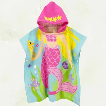 

1pc Mermaid Printing Cloak Wearable Beach Clothes Cartoon Bath Robe Hooded Shower Clothes for Kids (60cm)