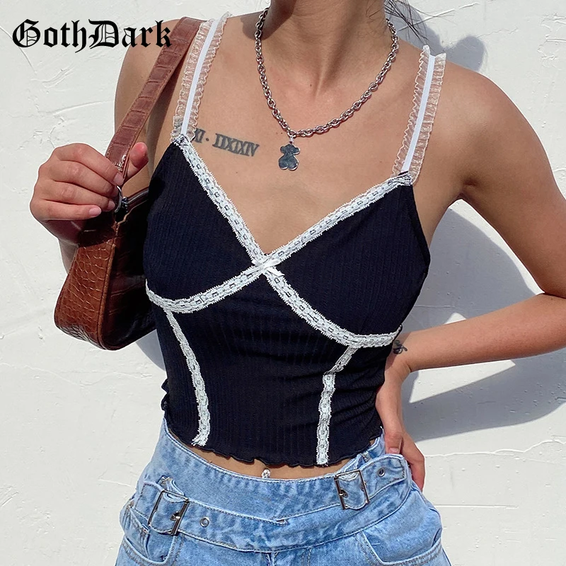 Goth Dark Sweet E-girl Black Camis Bodycon Lace Patchwork Ruffles Floral Strap Crop Tops Sexy Deep V-neck Backless Women Wear