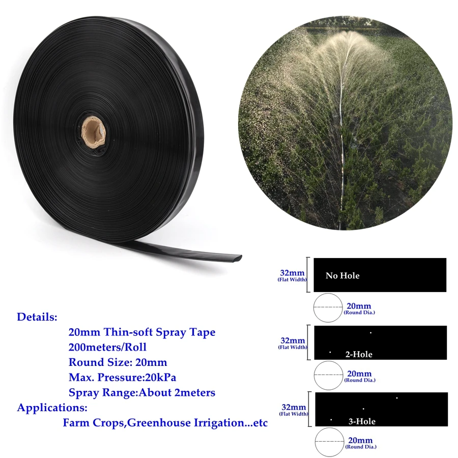 

Wholesale 200m/Roll 3/4” Φ20mm Thin-soft Spray Tape Micro Irrigation Hose Crops Irrigation Spray Drip Tape Flex Water Pipe