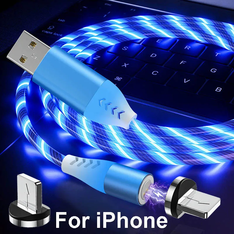 Blue for iPhone 5А Магнитный текательный Micro USB кабель светящийся type-C кабель для быстрой зарядки 8 Pin 1 м 2 м Магнитный свет светодиодный кабель type-C - Цвет: Blue for iPhone