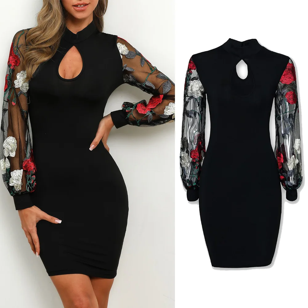 Лето-осень Для женщин сетку с длинным рукавом со впечатанным цветочным принтом Вечеринка Bodycon Club коктейльное платье повседневные платья