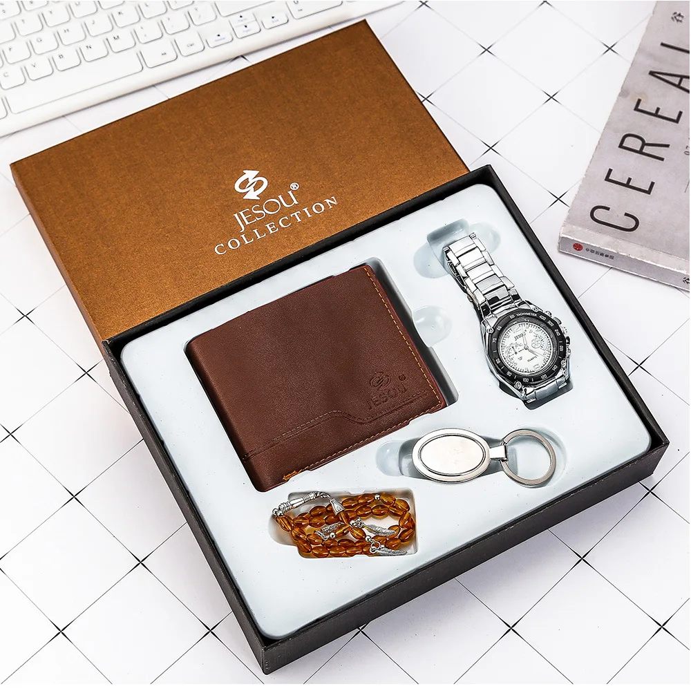 

4-PCS /Set Boutique Gift Set Wallet + Large Dial Quartz Watch + Beads Bracelets + Keychain