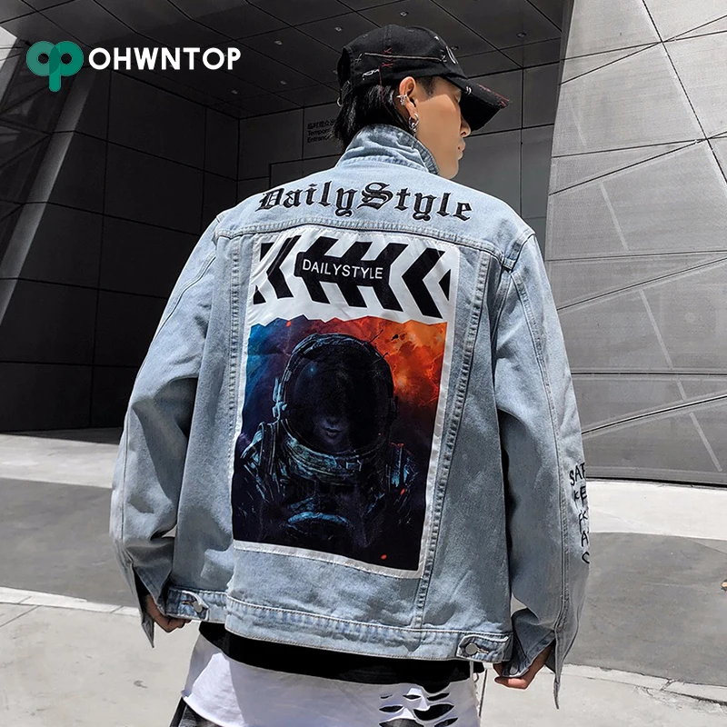Denim Jacket Men Print Jeans Coat Hip 