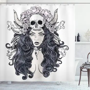 

Gothic Decor Collection Woman with Long Hair and Horns Roses Skull Mysterious Hunted Folklore Artwork Polyester Bathroom Shower