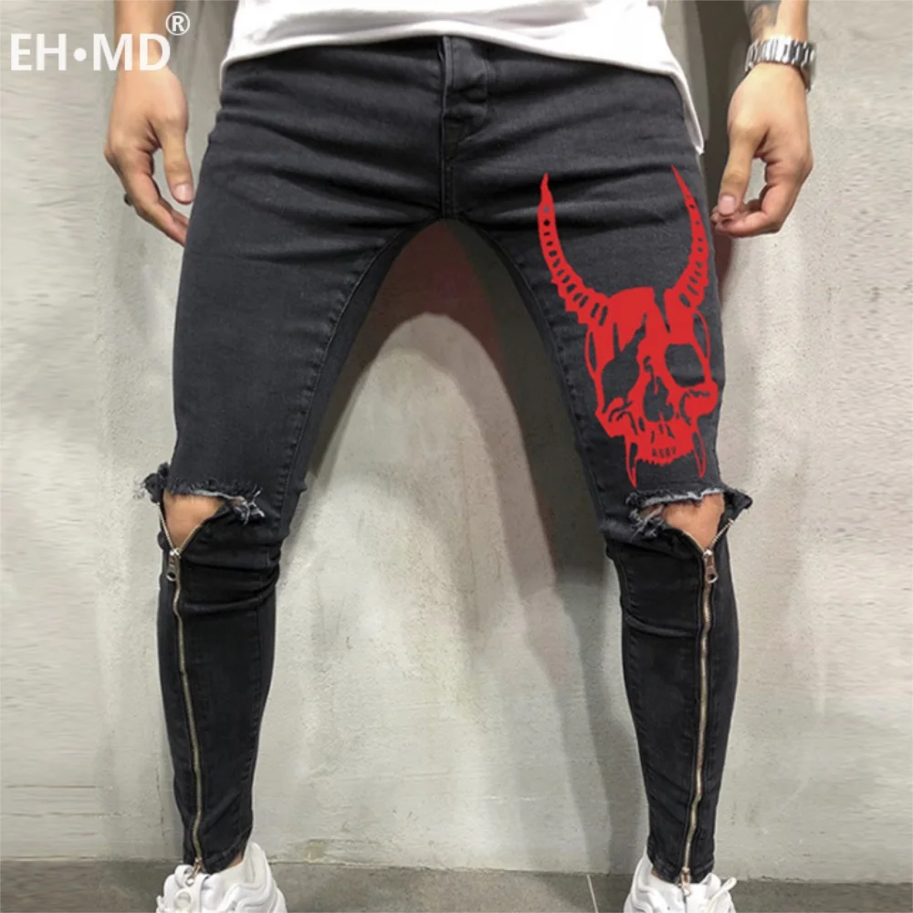 EH·MD® Four Seasons Sports Trousers Men's Large Size Skull Print splice Slim Feet European and American Jeans Men's Hole Zipper EH·MD® Four Seasons Sports Trousers Men's Large Size Skull Print splice Slim Feet European and American Jeans Men's Hole Zipper