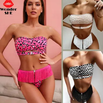 

2020 leopard Swimwear Bikini Set Women Swimsuit Bandeau Bikini Fringe Biquini Brazilian Bathing Suit Girls Swimwear biquine