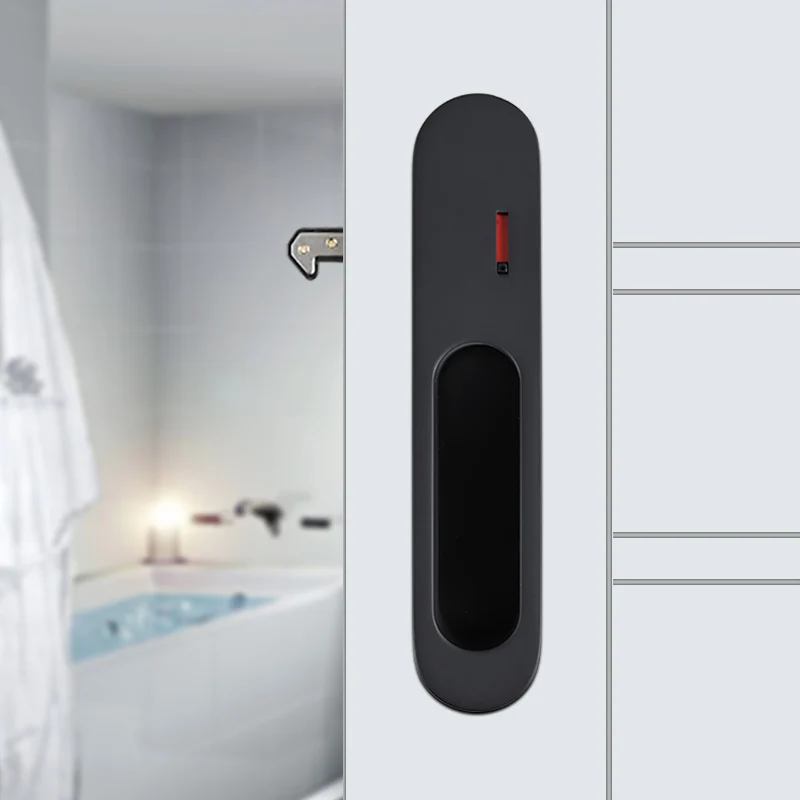 Zinc alloy flat finger sliding door latch with red indication Japanese-style bedroom bathroom matte black bronze door lock