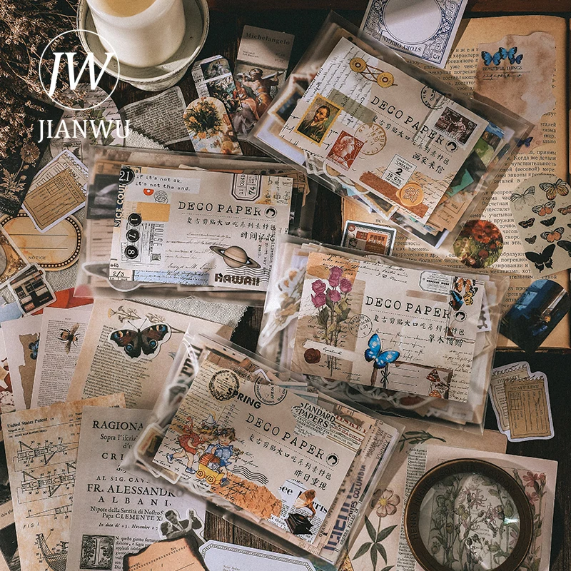 JIANWU 200 Sheets Retro Literature Art Memo Pad Scrapbooking Decoration Material Package Washi Paper Sticker Stationery Supplies |
