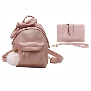 

2 Pcs Bag: 1 Pcs Scrub Leather Short Zipper Coin Purse Pink & 1 Pcs Multi-Purpose Student Backpack Pink