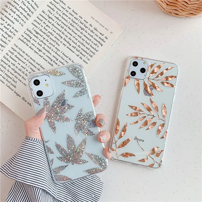 Роскошный чехол для телефона с блестками и листьями iphone X11 pro 7 8 plus художественный