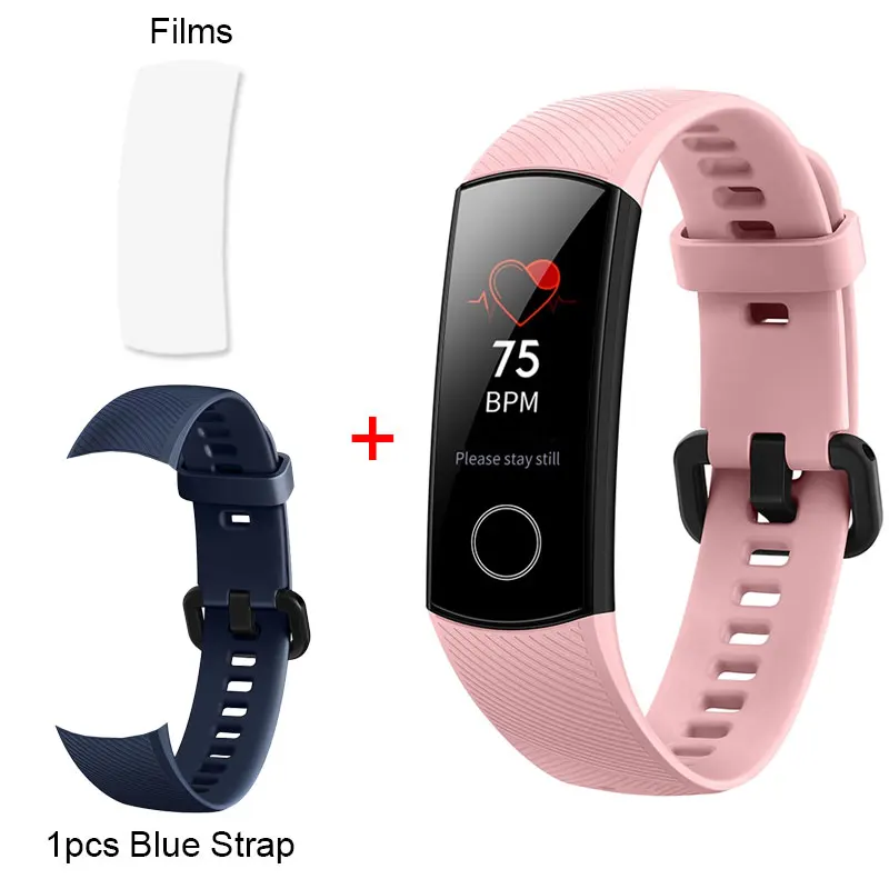 Honor Band 4 смарт-браслет Amoled цветной 0,9" сенсорный экран для плавания для обнаружения пульса 5ATM водонепроницаемый для сна - Цвет: Pink Add Blue Strap