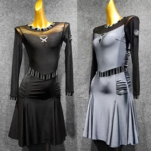 Осеннее платье для латинских танцев, Сексуальная Одежда для танцев, костюм для румбы, сальсы, платье, тренировочная одежда для женщин, черное платье для выступлений, VDB1238