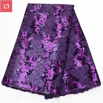 

New Upscale Purple African Lace Fabric High Quality Nigerian Mesh Lace French Tulle Lace Sequins Lace Fabrics For Women Wedding