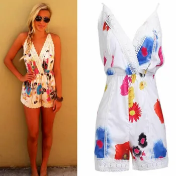 

Summer Women Sleeveless Sling Playsuit Floral Print Lace High Waist Backless Casual Slim Multicolor Short Romper
