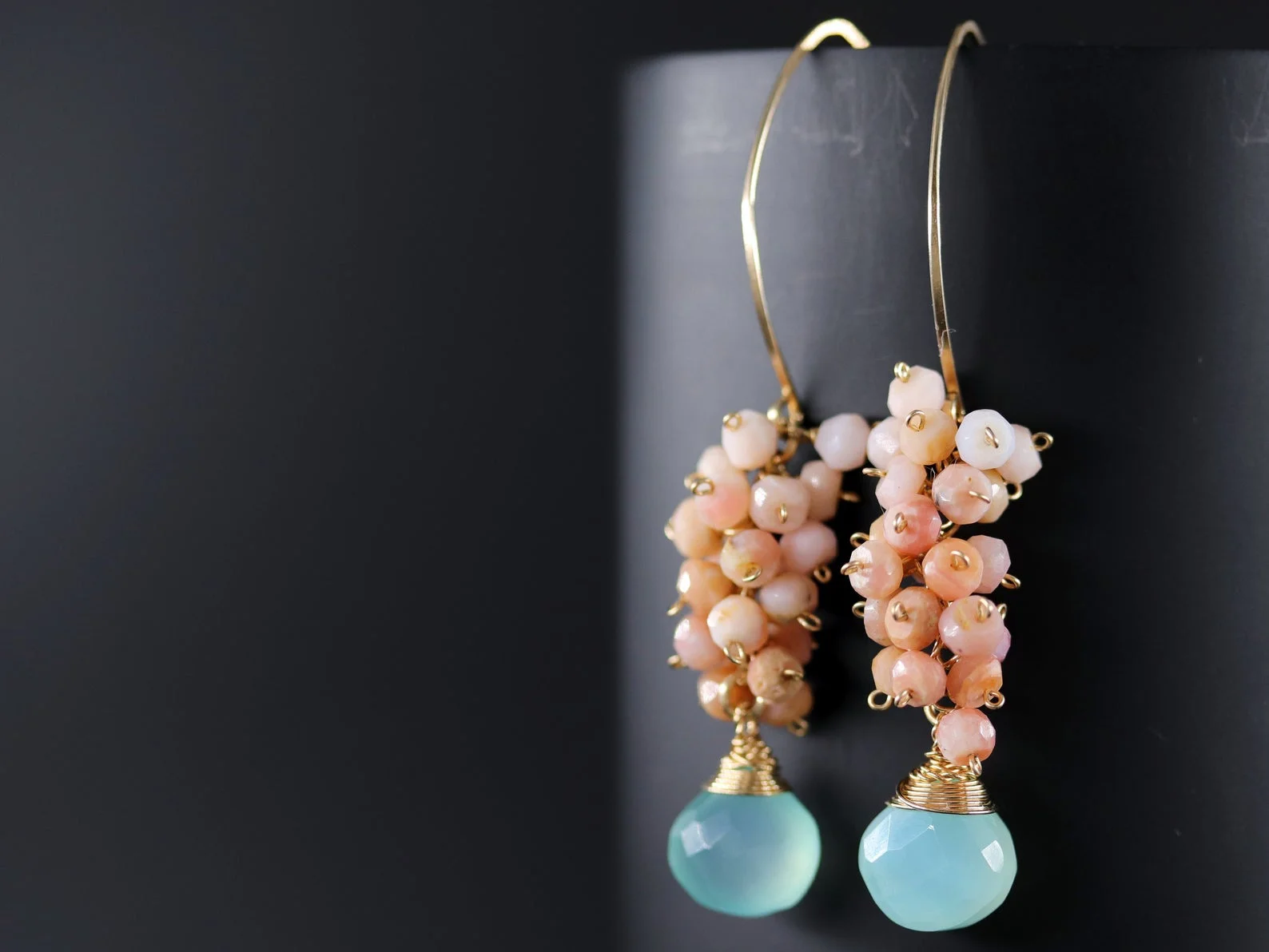 Dangle Earrings Pearl Earrings drop earrings long earrings golden earrings Handmade Chalcedony & Seed Pearl Gold Earrings