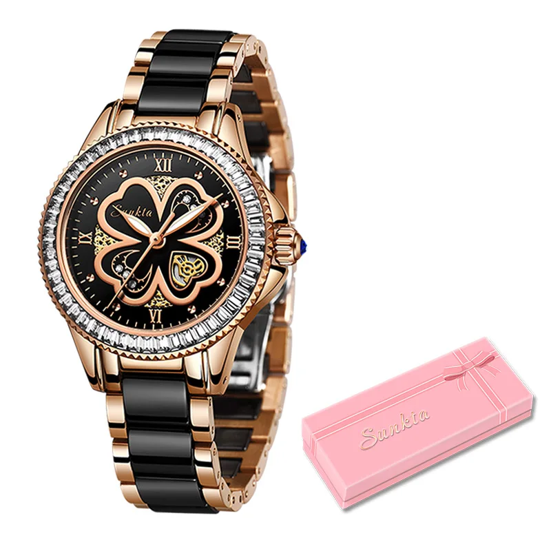 Rose gold black Montre Femme SUNKTA, новые часы из розового золота, женские кварцевые часы, женские роскошные Брендовые женские наручные часы, часы для девочек, подарок для жены+ коробка - Цвет: Rose gold black