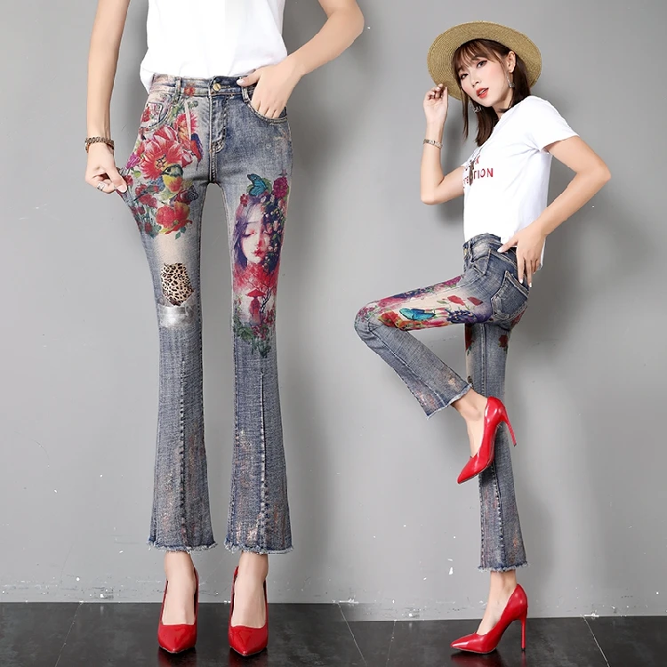 

Harajuku Jeans Women Spring Summer New Printed Jeans Bell Trousers Women Korean Edition Slim Ripped Tassel Ladies Jeans Jeansy