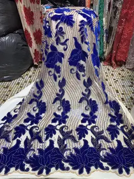 

Royal Blue African Lace fabric High Quality Velvet Lace Fabric 2020 Nigerian Velvet Sequins Lace Handmade Fabrics For Wedding