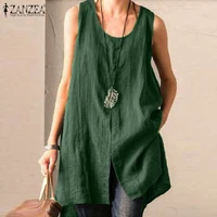2025 Summer Women's Long Tanks Tops ZANZEA Woman Cotton Linen Breathable Sleeveless Slit Blouses Casual Loose Solid Color Tees