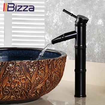 

Black Bronze Brass Waterfall Bathroom Sink Faucet Vessel Tall Bamboo Water Tap Retro Single Hole Taps Basin Faucets Mixer Crane