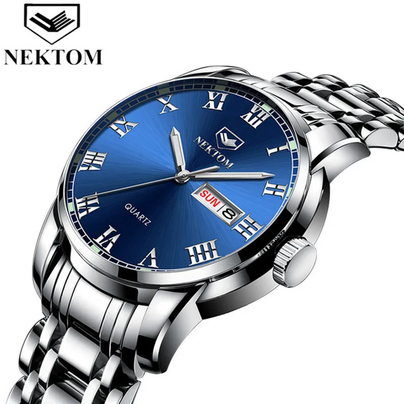

NEKTOM Top Brand Luxury Mens Watches Luminous Waterproof Stainless Steel Watch Quartz Men Date Calendar Week Business Wristwatch