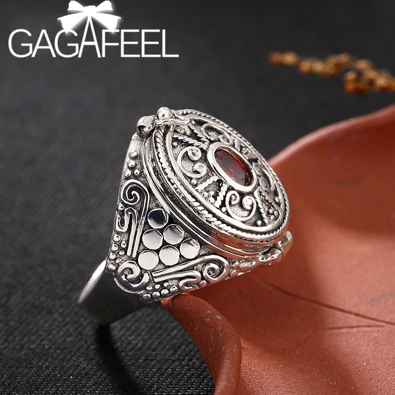 GAGAFEEL 925 Серебряное открывающееся кольцо в коробке, этнический стиль, кольцо с красным цирконом, винтажное ювелирное изделие, можно открыть кольца для женщин, подарок