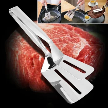 

Multi-function Food Grade Stainless Steel BBQ Tongs Barbecue Bread Beef Steak Turner With Clamp Clip silver