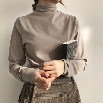 

women's New Spring And Automn Chic Style Long Sleeve Shirt With All Matched Bottoming Shirt Half High Collar And Pure Color