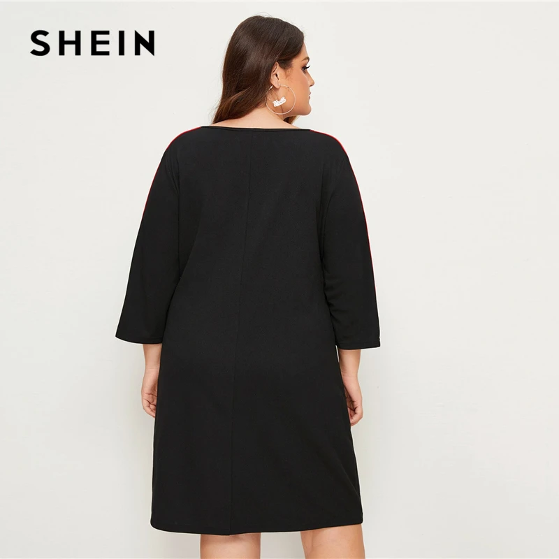 SHEIN плюс размер плюс черное Полосатое платье с лентой для женщин лето осень 3/4 Длина рукав плюс повседневные Прямые короткие платья