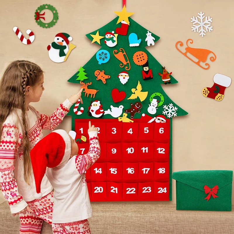 $12.38 Felt Christmas Tree,DIY Christmas Tree 28 Pacs Wall Hanging Christmas Tree with Calendar Pocket Home Door Wall Decoration for Ki