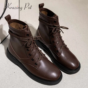

krazing pot concise style real leather cross-tied handmade all-match round toe thick med heel lace up young lady ankle boots L07