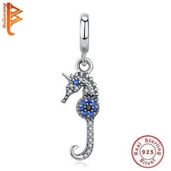 

Authentic 925 Sterling Silver Beads Blue Crystal Seahorse Hippo Campus Charms fit Original Bracelet Necklace DIY Fine Jewelry