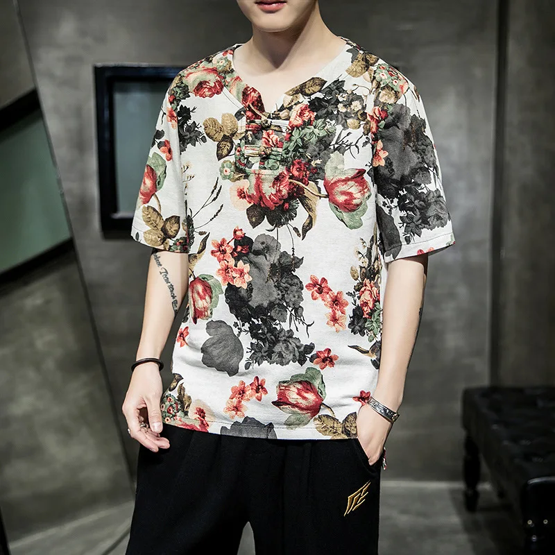 Традиционный китайский стиль Мужская рубашка с хлопком с цветным Ретро принтом топы летние с коротким рукавом восточные повседневные Костюмы кунг-фу - Цвет: Color5