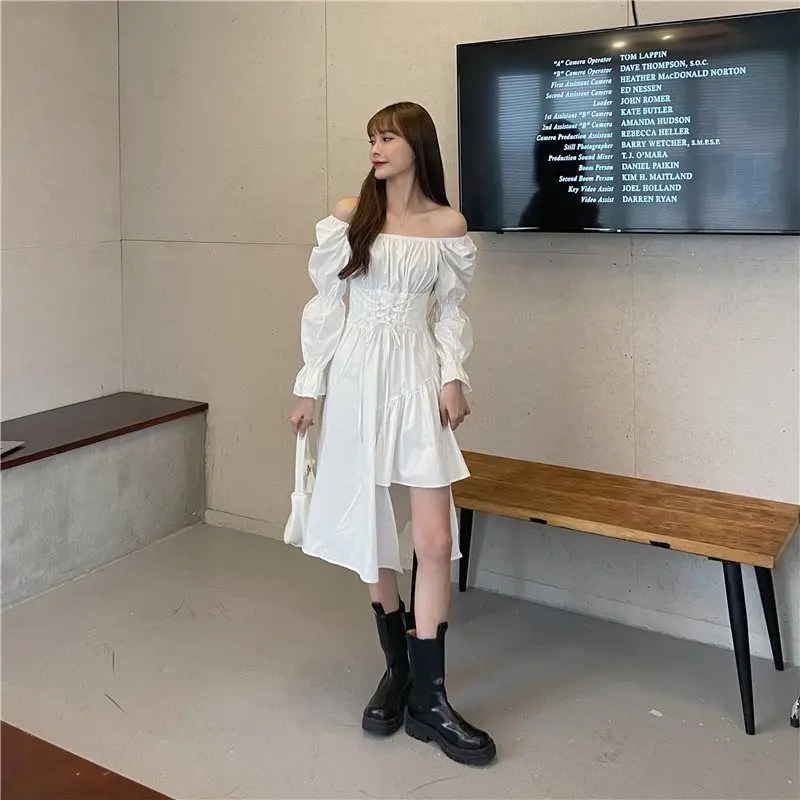 French Dresses Women Tender Dating Knee-length Long Sleeve Clothing Koeran Style Students Tender New Autumn Femme Square Collar slip dress