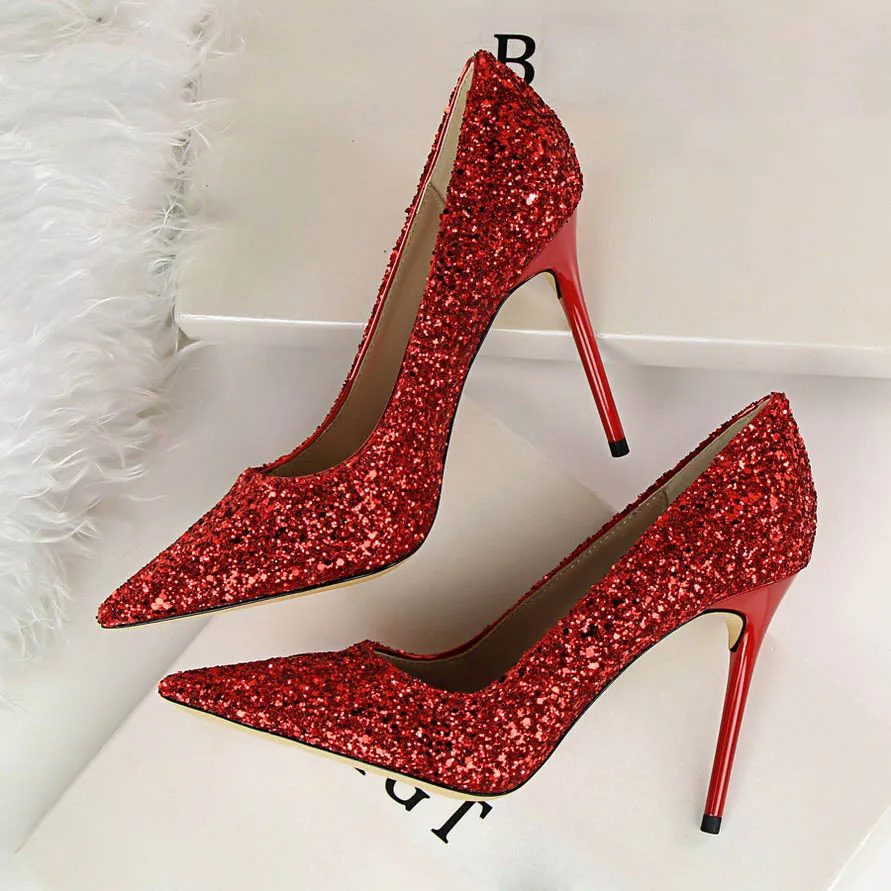 Женские туфли на высоком каблуке 9,5 см; большой размер 43; блестящие Роскошные туфли-лодочки для стриптиза; свадебные туфли на шпильке; цвет золотистый, Серебристый; Фетиш-обувь - Цвет: 9.5cm Red