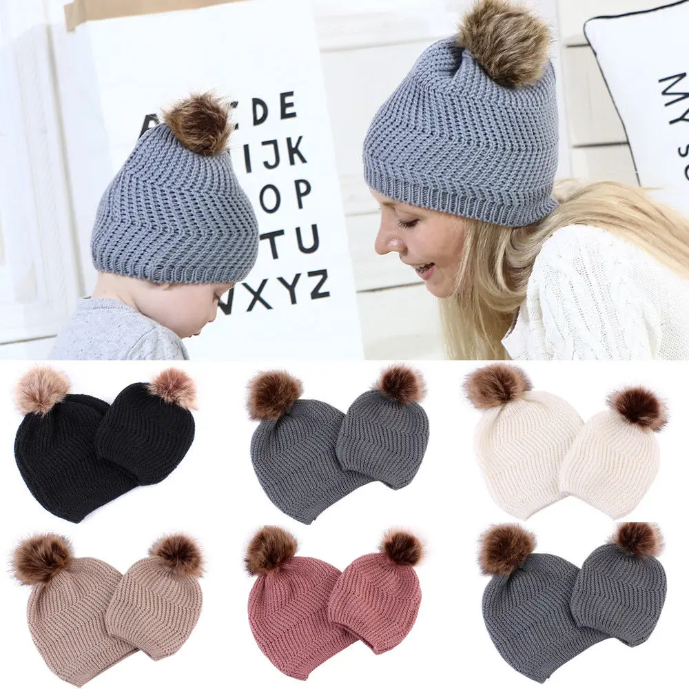 

Matching Mum and BABY Knitted Hat Winter Warm Bobble Hat Baby Girl Cute Gift
