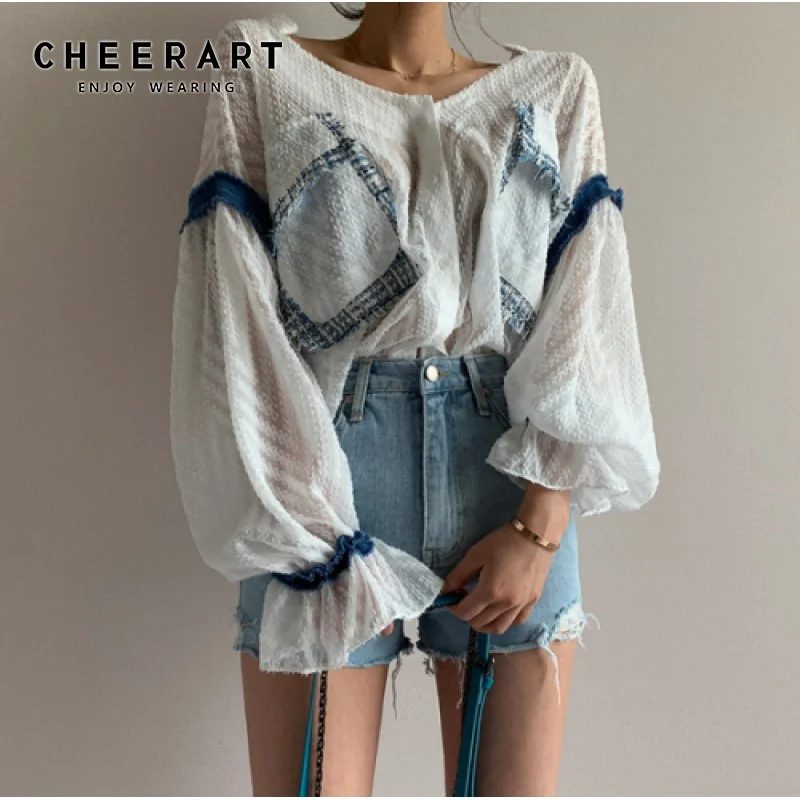 

Cheerart Fall Long Sleeve Blouse Women White Top Lazy Loose Transparent Blouse Pockets Button Up Blouses Casual Tops Autumn