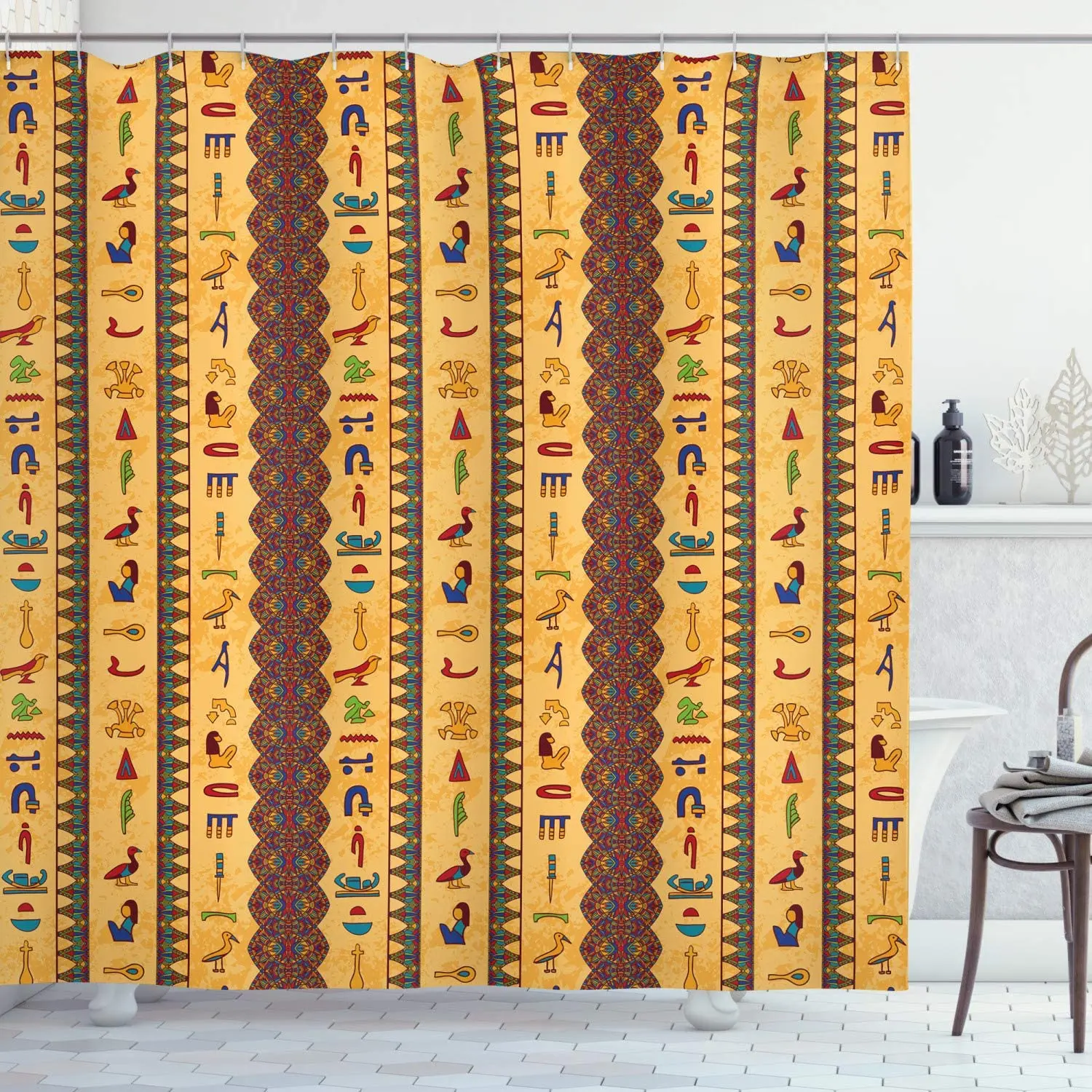 Multicolor Egyptian Print Shower Curtain Hieroglyphs And Floral