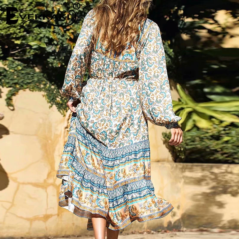 Everkaki цветочный принт женское длинное платье Boho осень зима Цыганская Шея завязывается винтажные женские повседневные платья Maxi женские Новинка