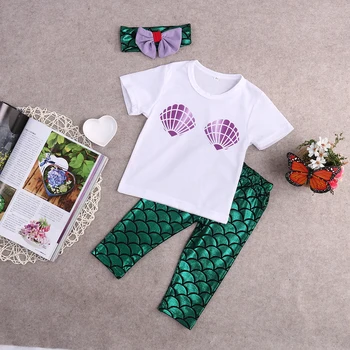 

Mermaid Costume Short-sleeve T-shirt Pant Headband 3pc Set For Girls Summer Clothes Outfit