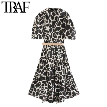 

TRAF Women Chic Fashion Animal Print With Belt Midi Dress Vintage Short Sleeve Ruffle Female Dresses Vestidos Mujer