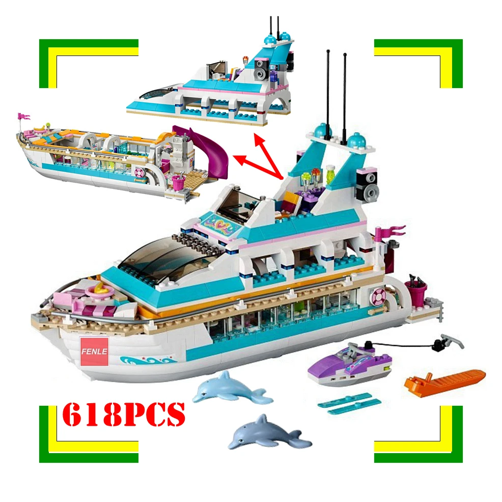 

compatible Friends Girls Dolphin Cruiser Large Yacht Club Cruise Vessel Ship Building Blocks Brick Toys For Children