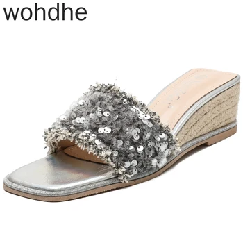 

2020 New Silver Bling Sequins Crystal Women Slipper Shoes Open Toe Black Satin Flat Lazy Wedges Mules Peep Toe Zapatos De Mujer