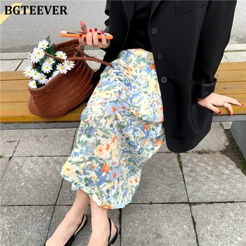 

BGTEEVER Vintage Painting Floral Print Women Skirts 2020 Elegant Elastic Waist One Piece Midi Female A-line Skirts with Lining